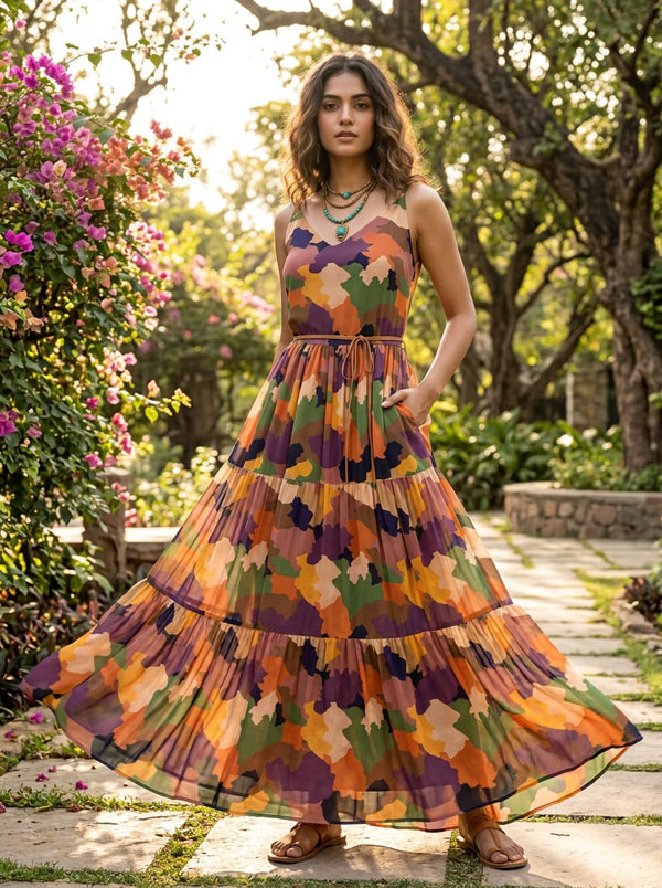 Multicolor Abstract Camouflage Pure Georgette Digital Printed Fabric - Flowy Maxi Dress Lookbook - PG-0-TA08326P2-110 - alternate view