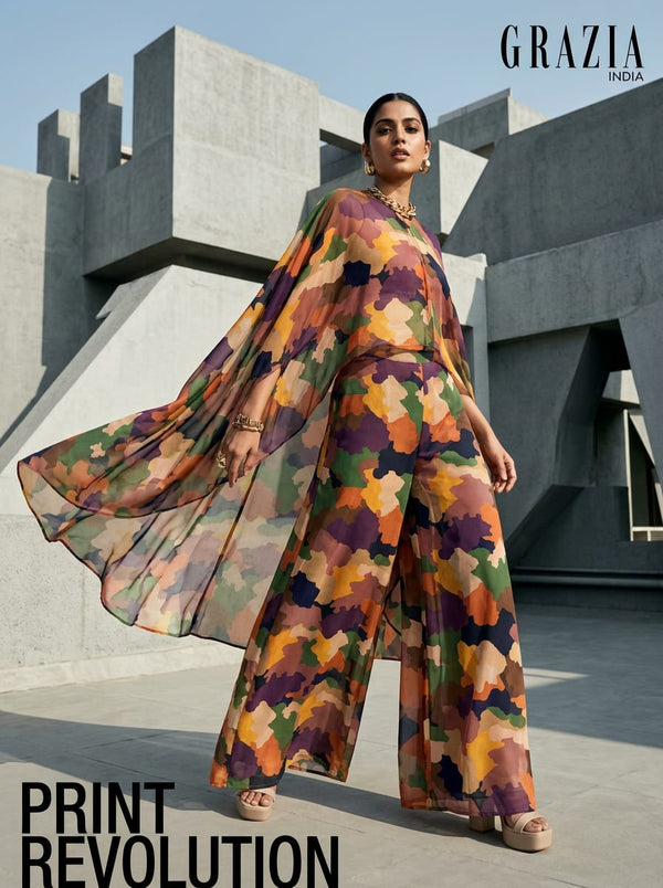 Multicolor Abstract Camouflage Pattern Pure Chinon Digital Printed Fabric - Cape with Palazzo Lookbook - PC-0-TA08326P2-106 - alternate view
