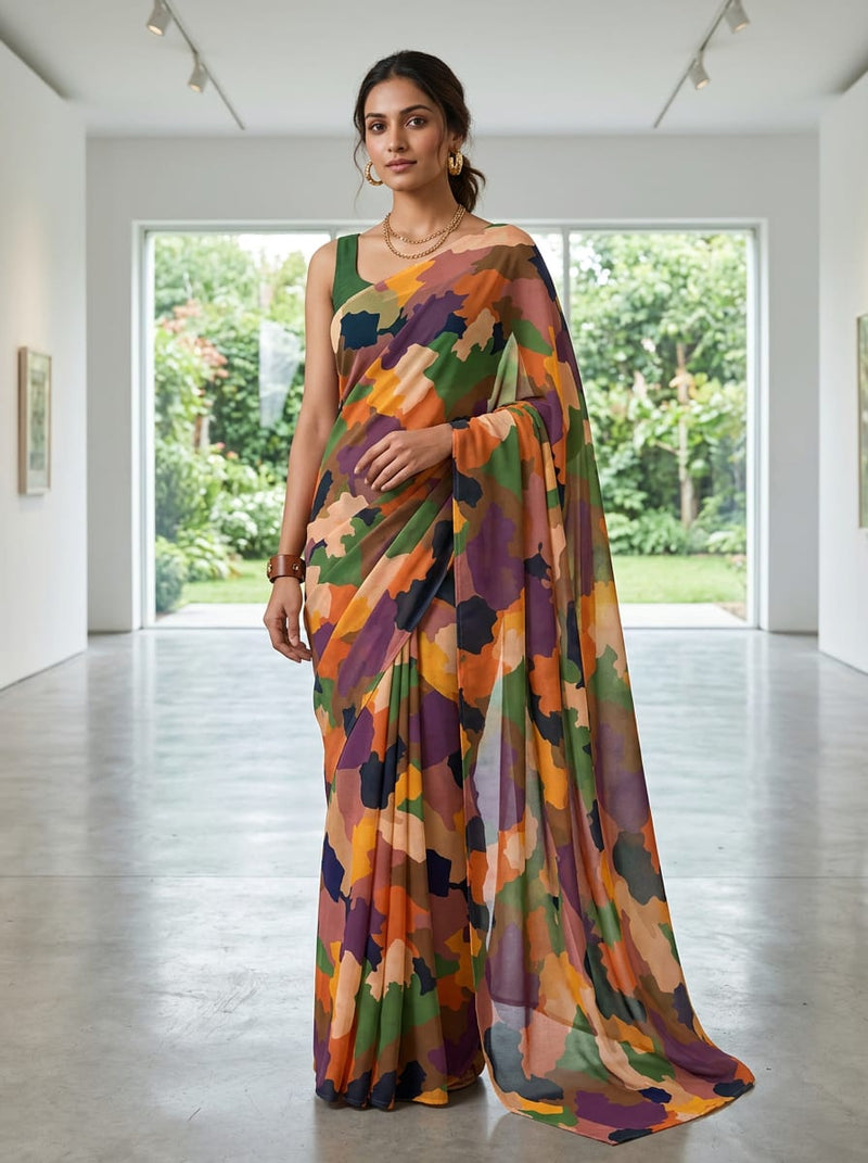 Multicolor Abstract Camouflage Print Pure Chiffon Digital Printed Fabric