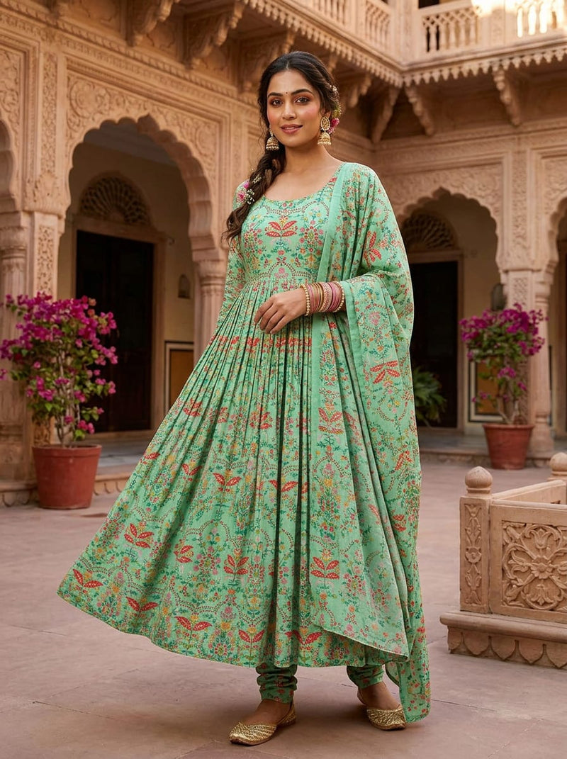 Green Ethnic Floral Jaal Weightless Digital Printed Fabric