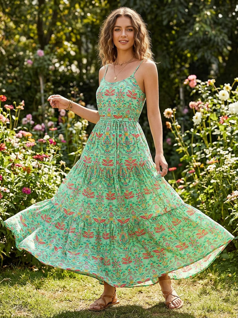 Green Ethnic Floral Jaal Weightless Digital Printed Fabric