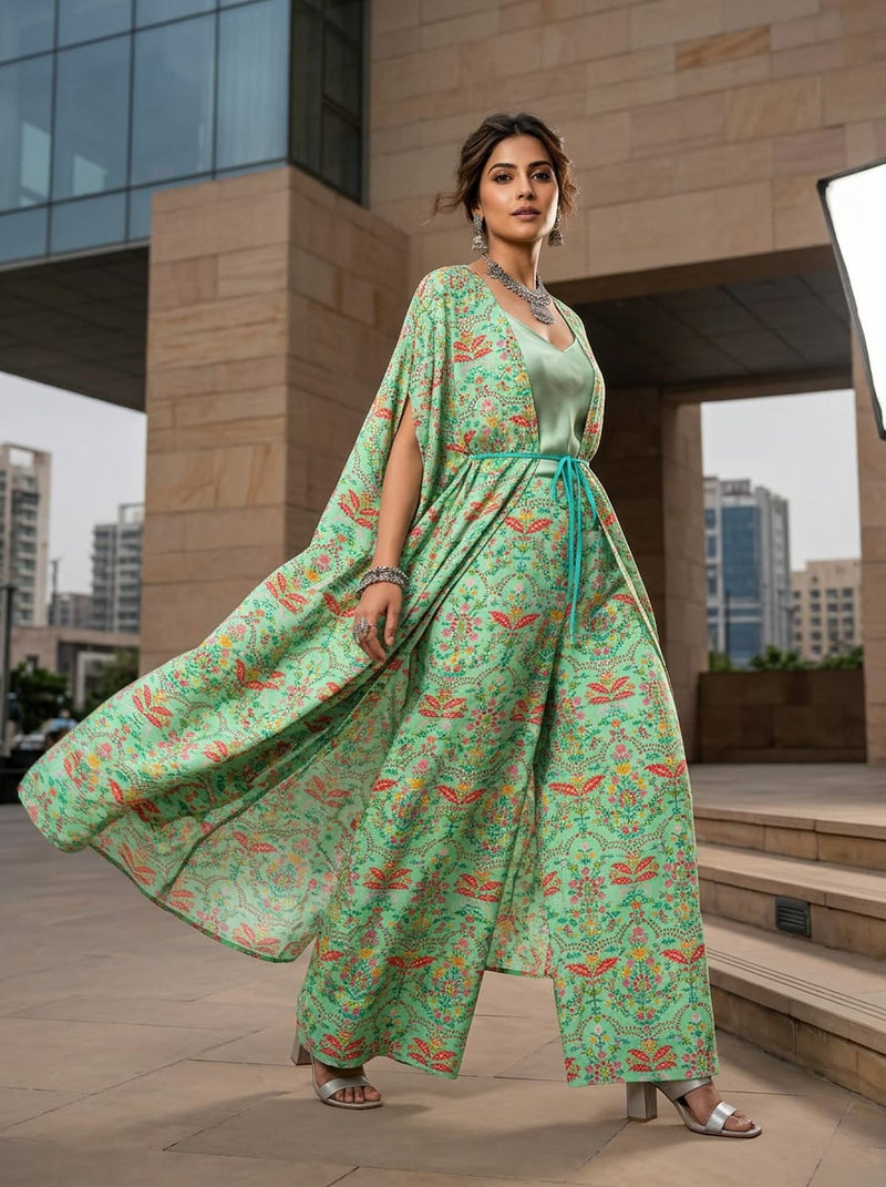 Green Ethnic Floral Jaal Weightless Digital Printed Fabric