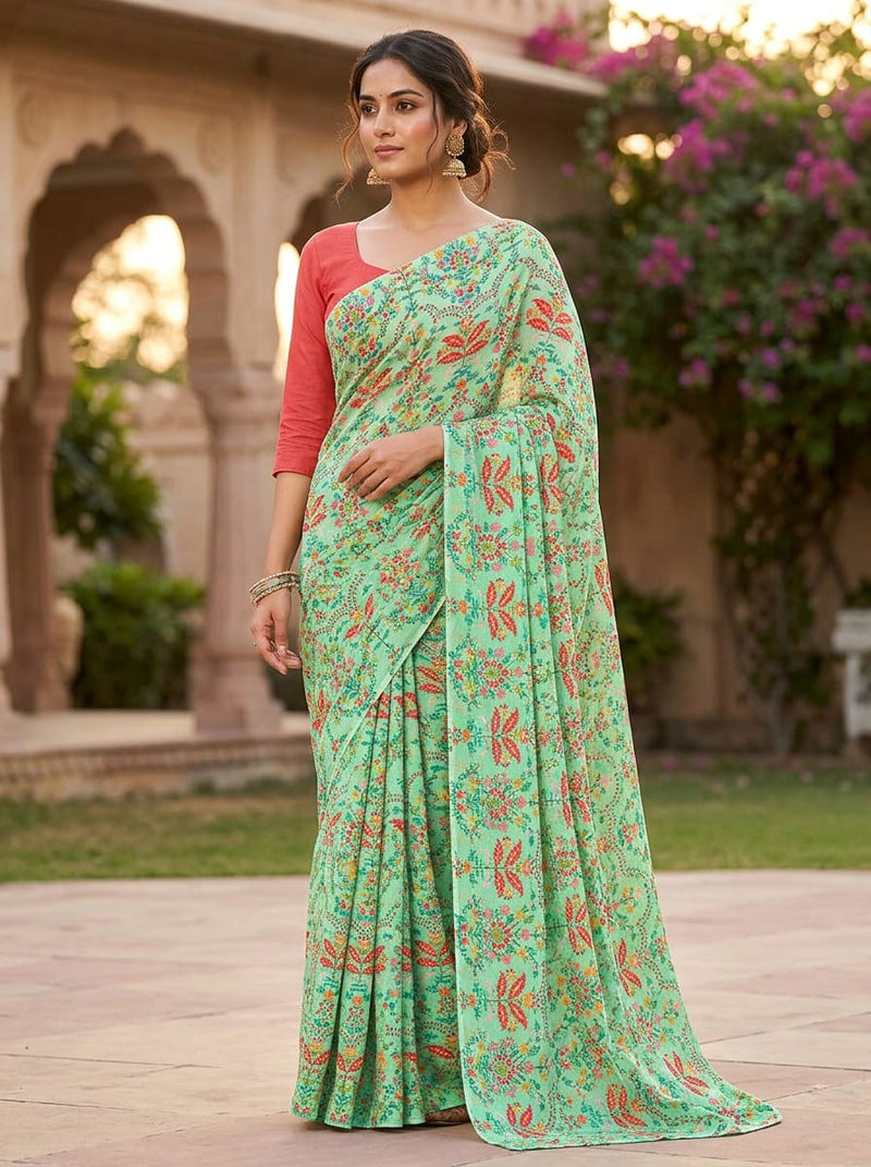 Green Ethnic Floral Jaal Weightless Digital Printed Fabric