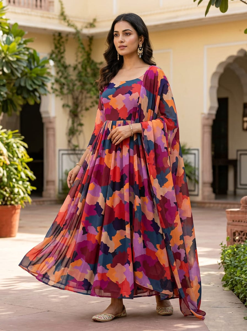 Multicolor Colorful Abstract Camouflage Pure Georgette Digital Printed Fabric