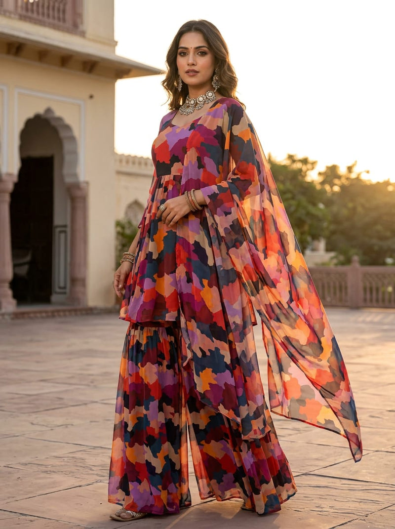 Multicolor Colorful Abstract Camouflage Pure Georgette Digital Printed Fabric