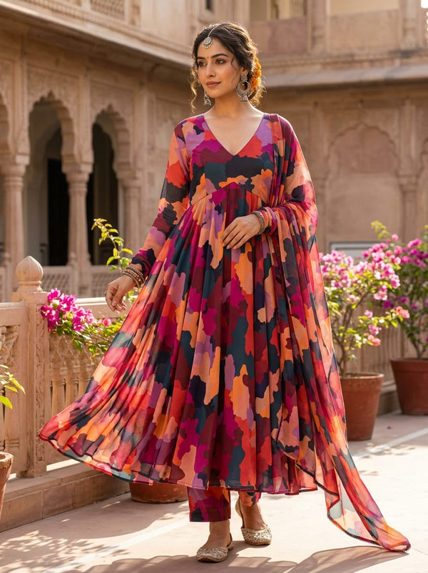 Multicolor Vibrant Abstract Camouflage Pure Chinon Digital Printed Fabric - Anarkali Kurta Set Lookbook - PC-0-TA08326P5-106 - alternate view