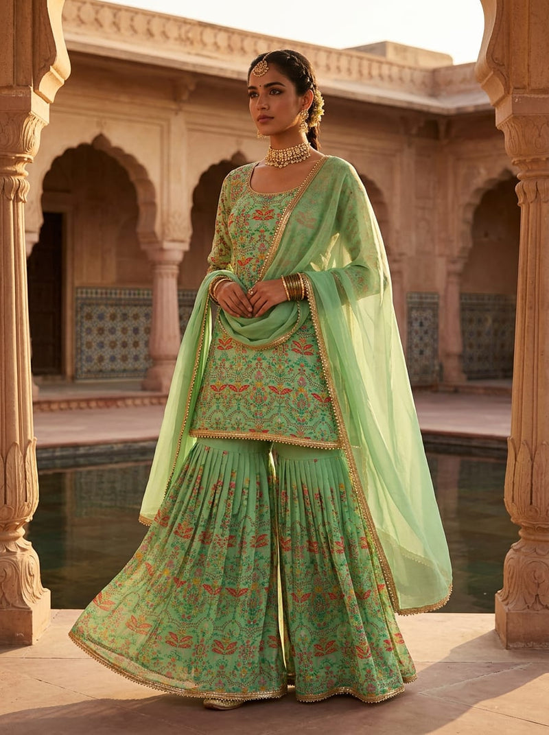 Green Ethnic Jaal Floral Pure Chiffon Digital Printed Fabric