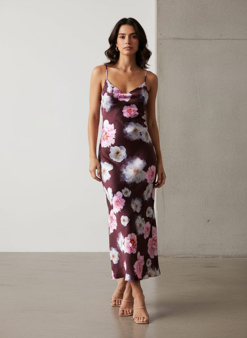 Attractive Pink Roses With Grey Digital Printed Fabric - Japan Satin