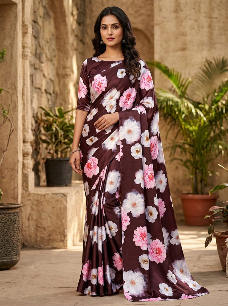 Maroon Peony and Rose Floral Japan Satin Digital Printed Fabric