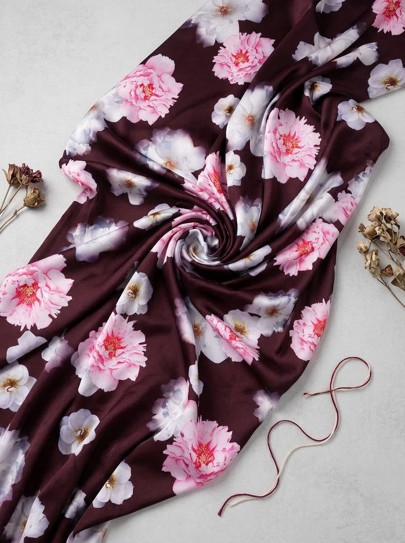Maroon Peony and Rose Floral Japan Satin Digital Printed Fabric