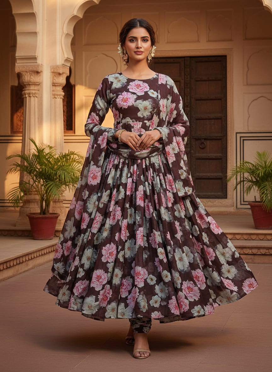 Attractive Pink Roses With Grey Digital Printed Fabric - Silk Crepe