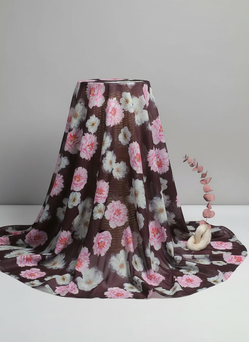 Attractive Pink Roses With Grey Digital Printed Fabric - Silk Crepe
