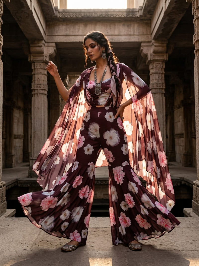 Maroon Large Peony Floral Silk Crepe Digital Printed Fabric