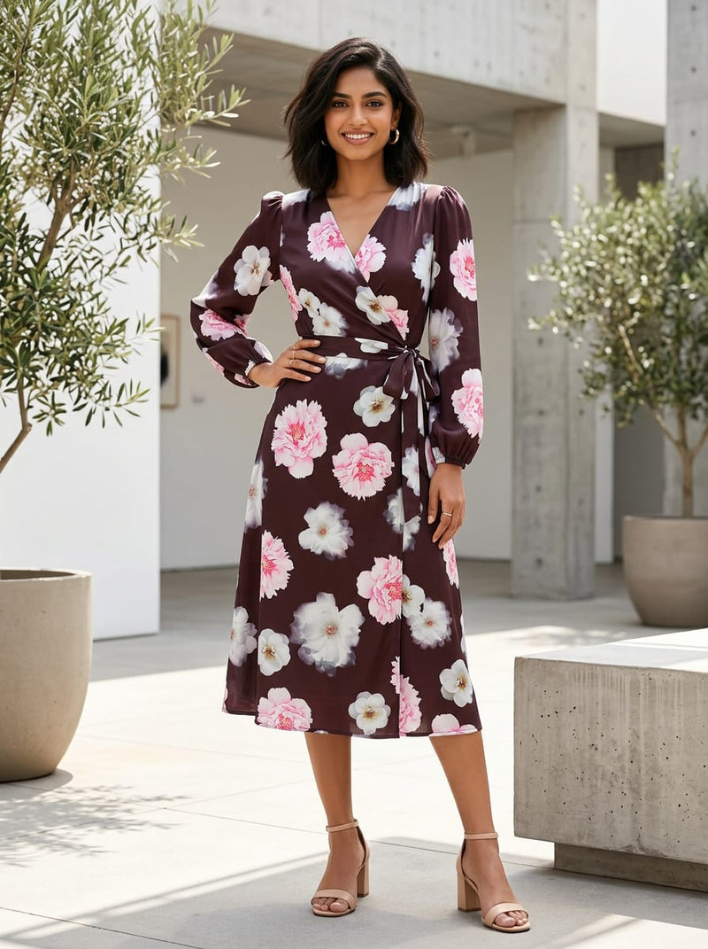 Maroon Large Peony Floral Silk Crepe Digital Printed Fabric