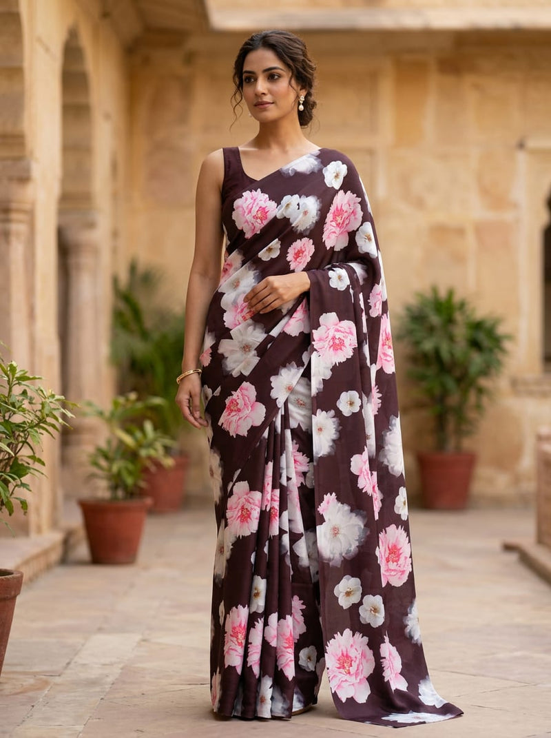 Maroon Large Peony Floral Silk Crepe Digital Printed Fabric