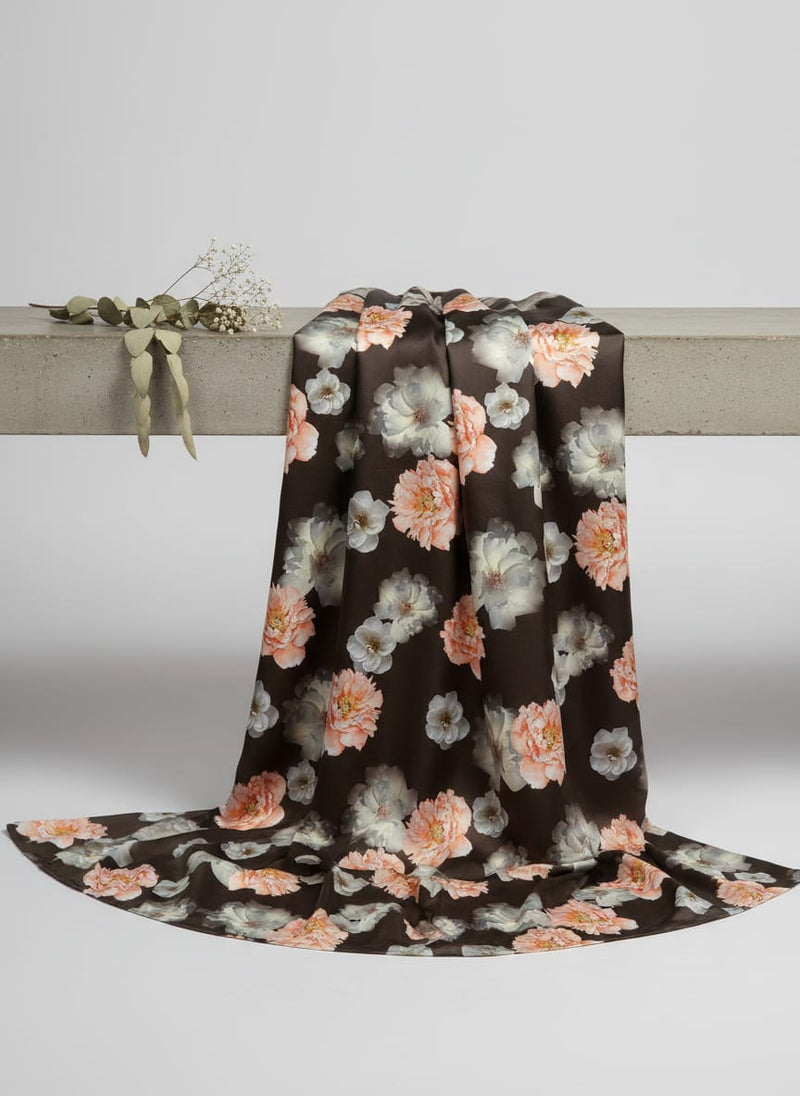 Blooming Orange Roses With Grey Digital Printed Fabric - Japan Satin