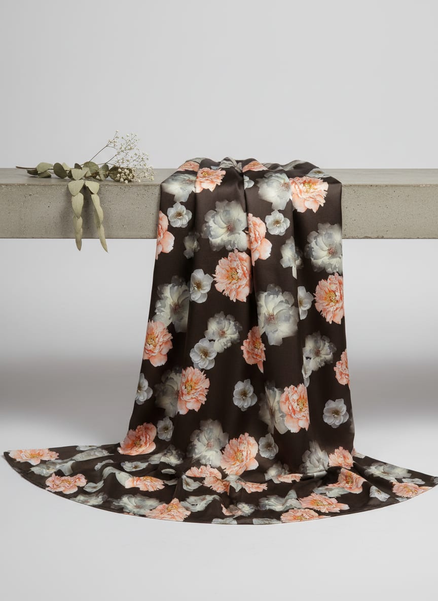 Blooming Orange Roses With Grey Digital Printed Fabric - Japan Satin