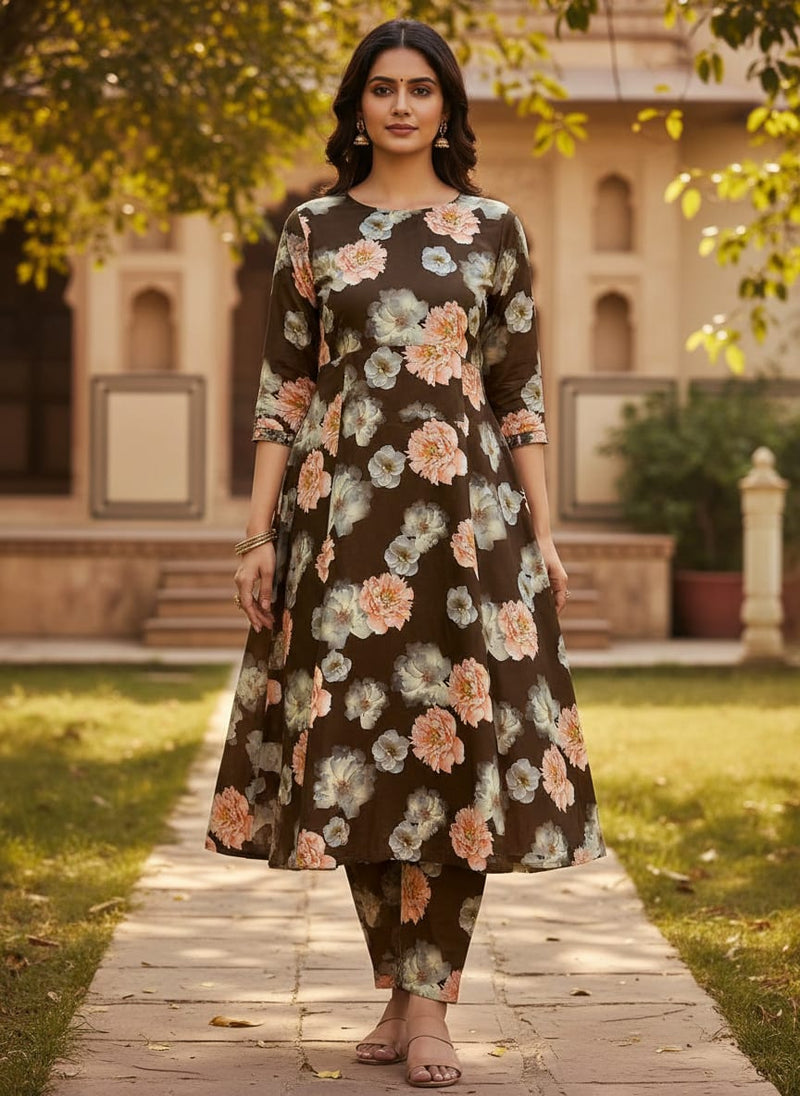 Blooming Orange Roses With Grey Digital Printed Fabric - Kora Silk