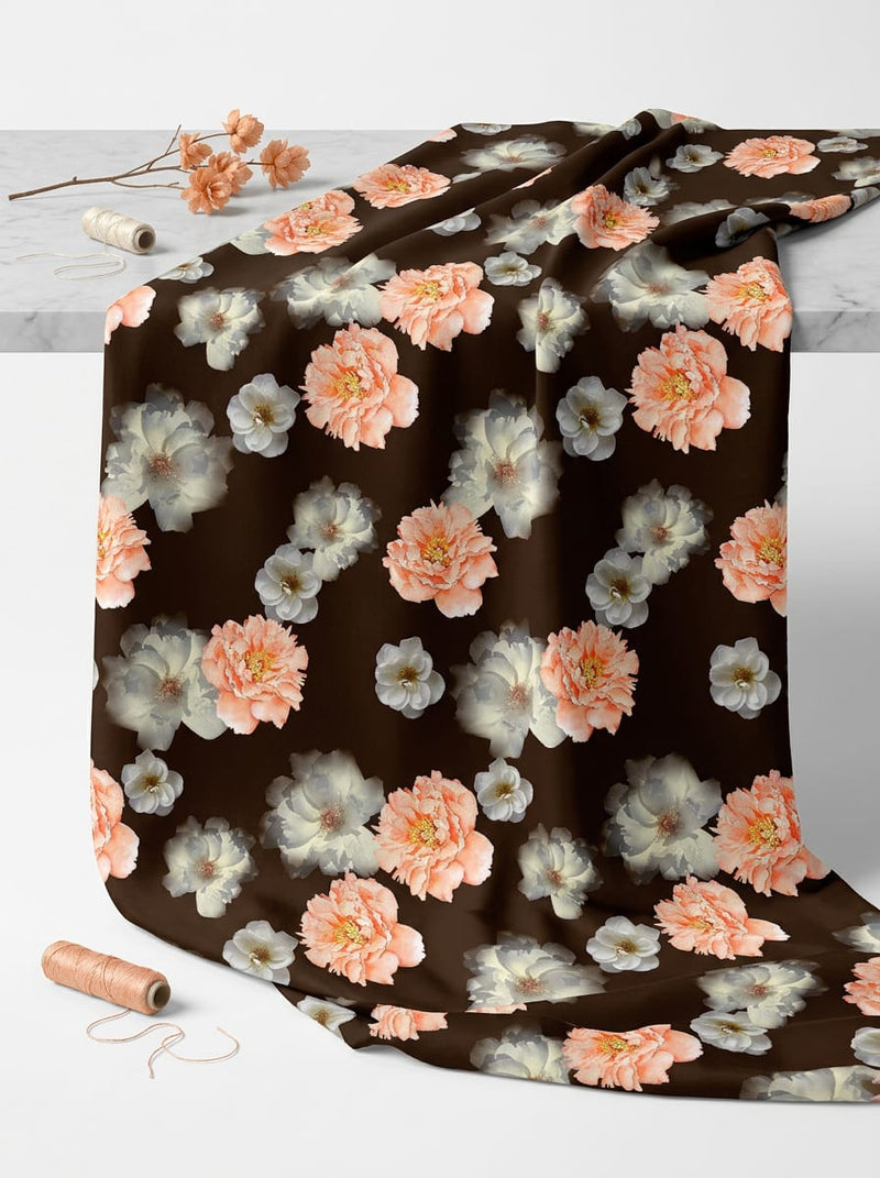 Brown Scattered Peony Floral Kora Silk Digital Printed Fabric