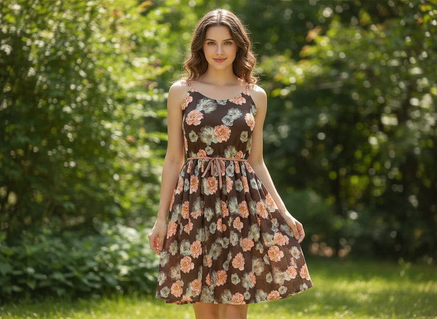 Blooming Orange Roses With Grey Digital Printed Fabric - Poly Muslin