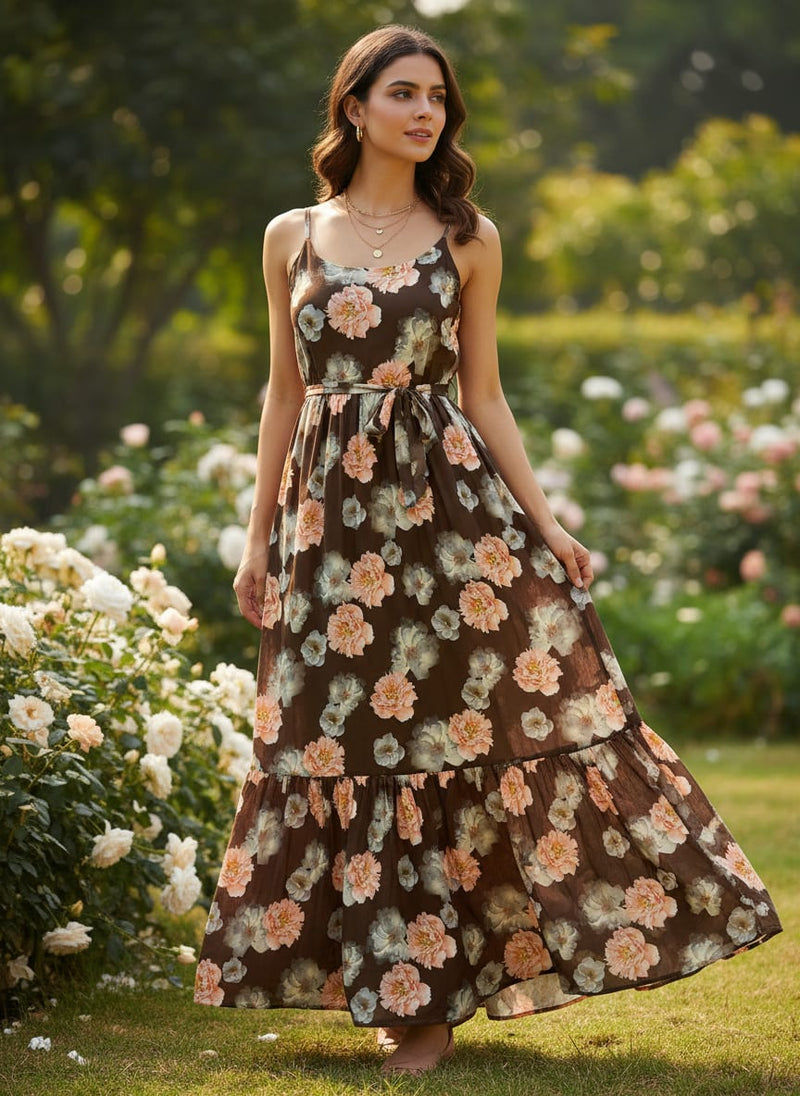 Blooming Orange Roses With Grey Digital Printed Fabric - Poly Muslin
