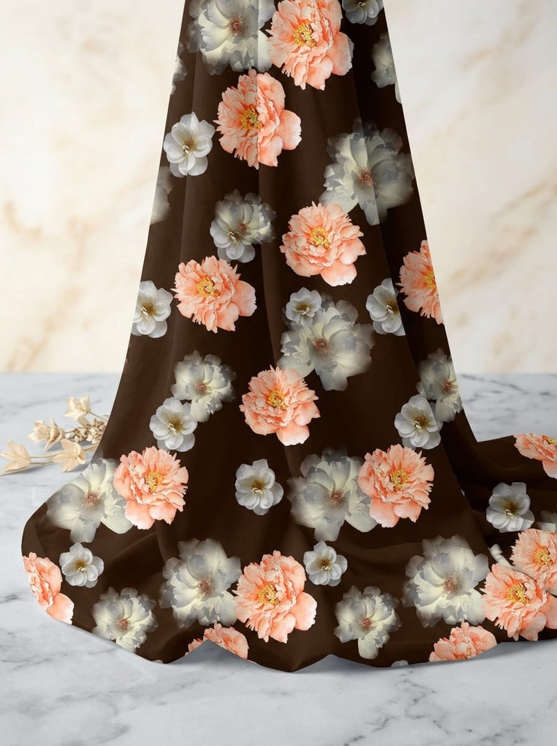 Brown Peach and Grey Floral Muslin Digital Printed Fabric