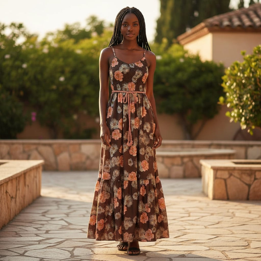 Blooming Orange Roses With Grey Digital Printed Fabric - Silk Crepe