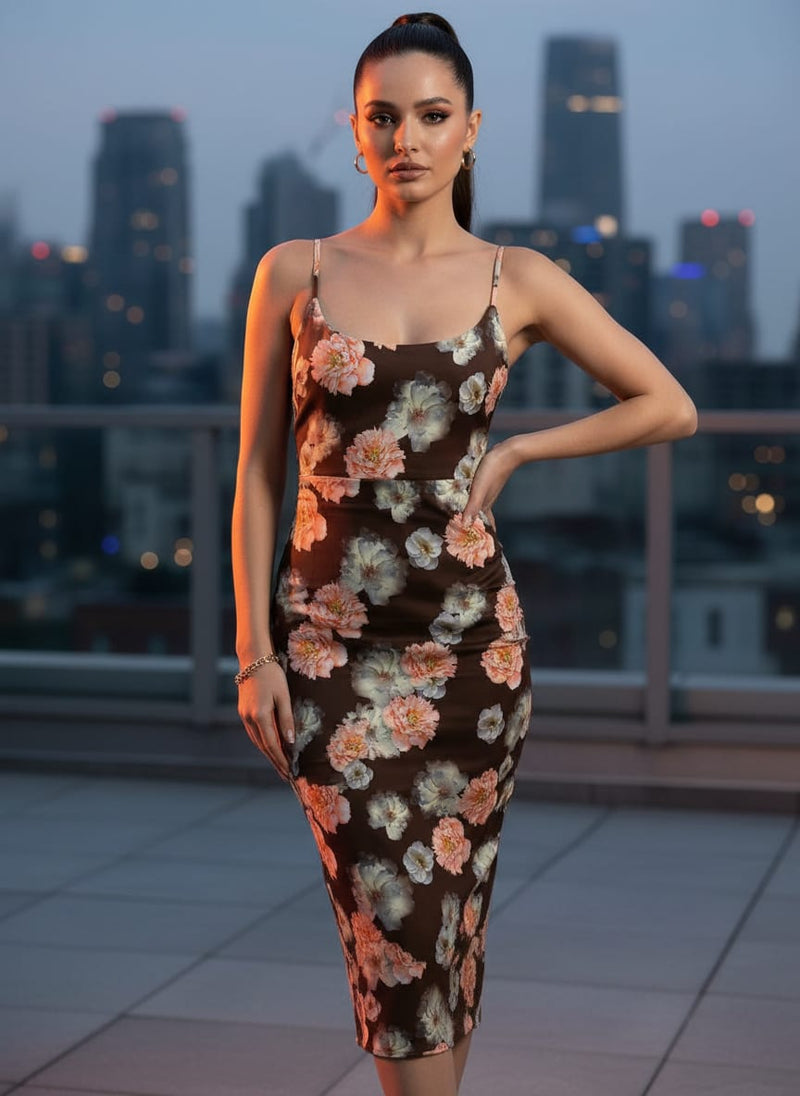 Blooming Orange Roses With Grey Digital Printed Fabric - Silk Crepe