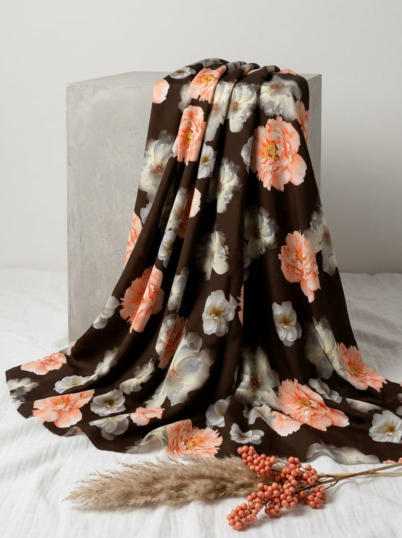 Brown Peach and White Peony Floral Silk Crepe Digital Printed Fabric