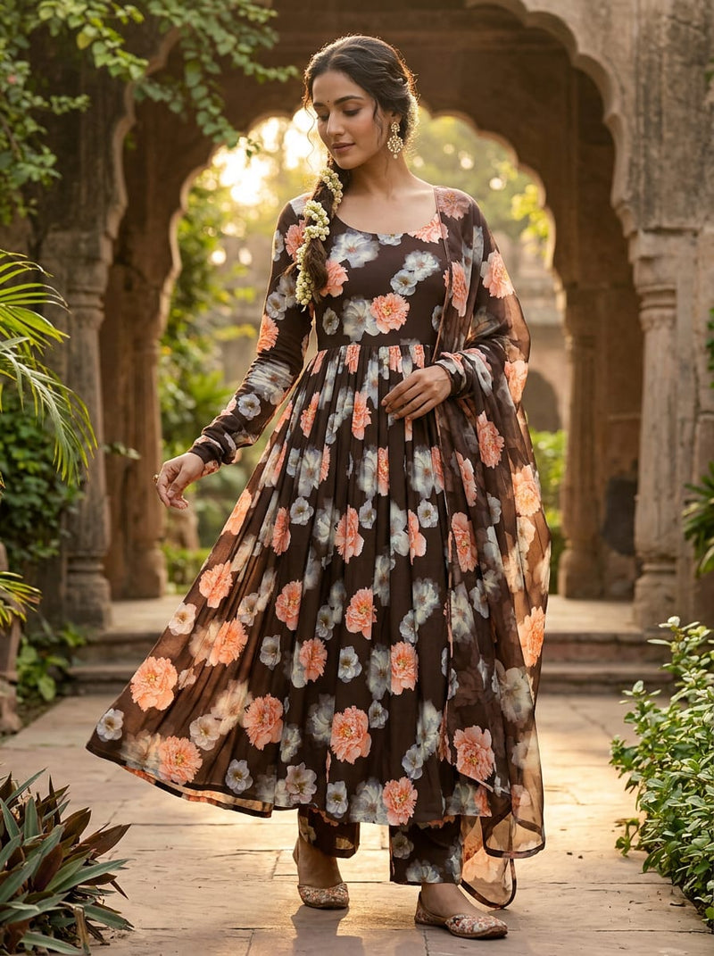 Brown Peach and White Peony Floral Silk Crepe Digital Printed Fabric