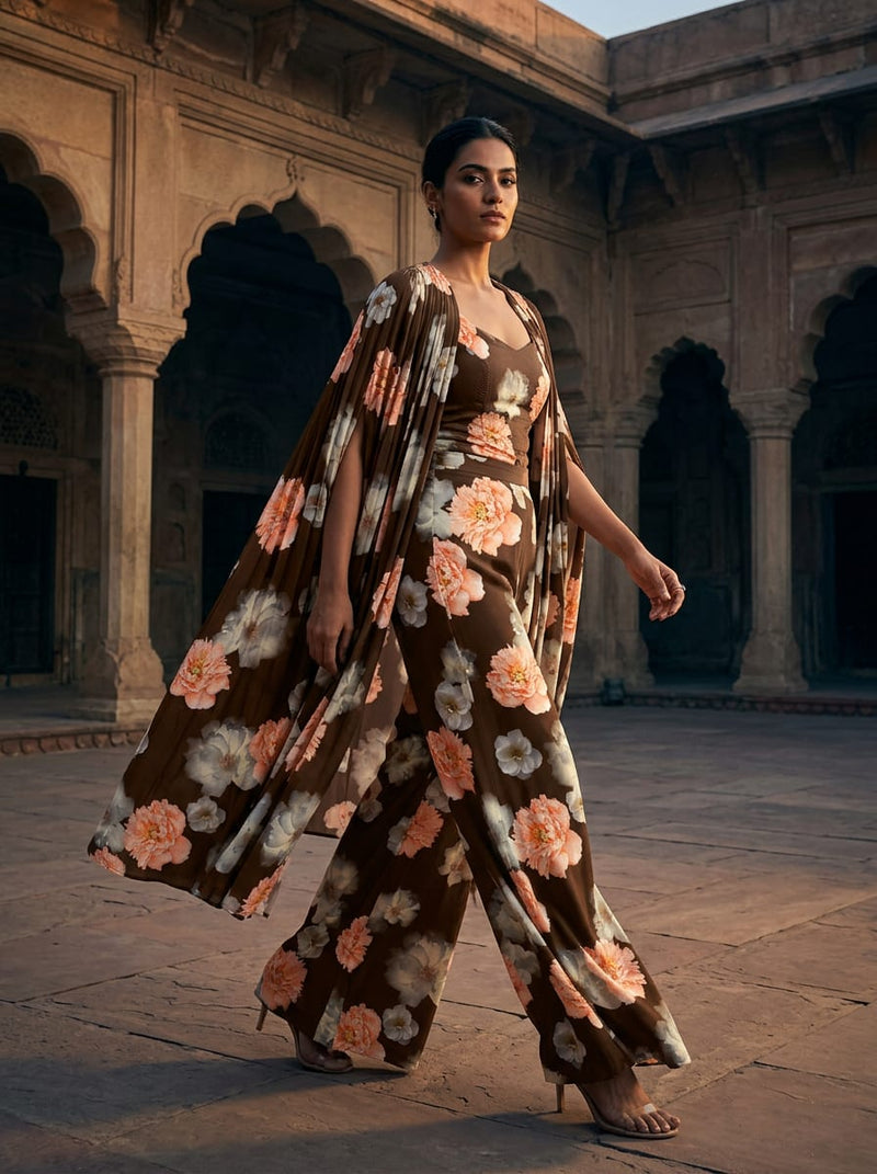 Brown Peach and White Peony Floral Silk Crepe Digital Printed Fabric