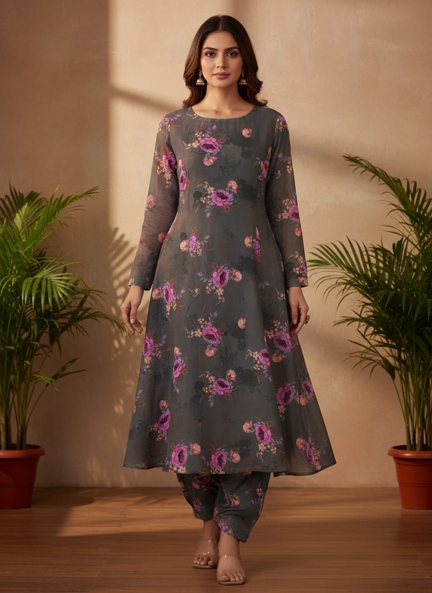 Lovely Peony With Wax Flower Digital Printed Fabric - Kora Silk