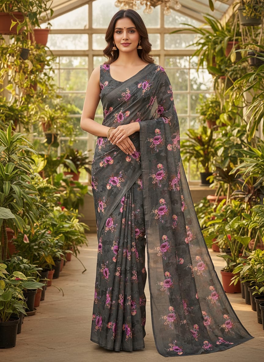 Lovely Peony With Wax Flower Digital Printed Fabric - Kora Silk