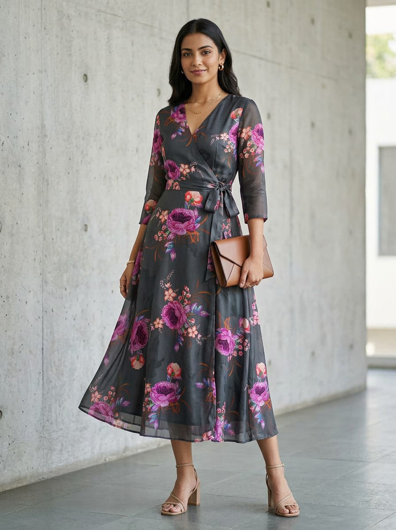 Grey Lush Vintage Peony Floral Silk Crepe Digital Printed Fabric