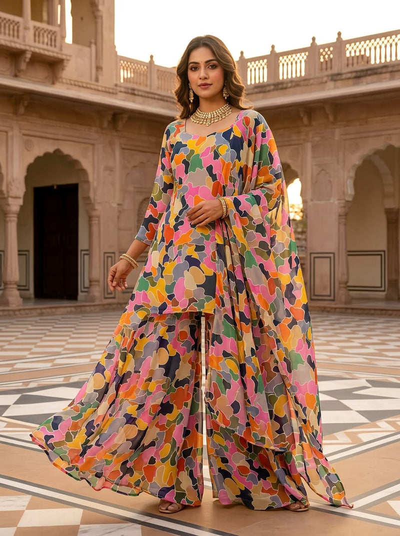 Multicolor Colorful Abstract Camouflage Pure Georgette Digital Printed Fabric