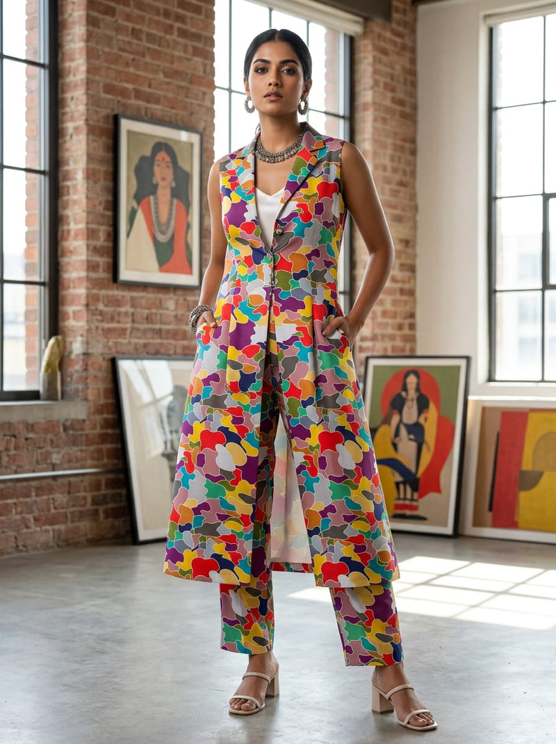 Multicolor Colorful Abstract Camouflage Kora Silk Digital Printed Fabric
