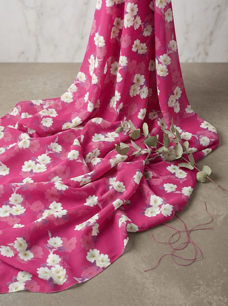 Pink Scattered Dainty White Floral Weightless Digital Printed Fabric
