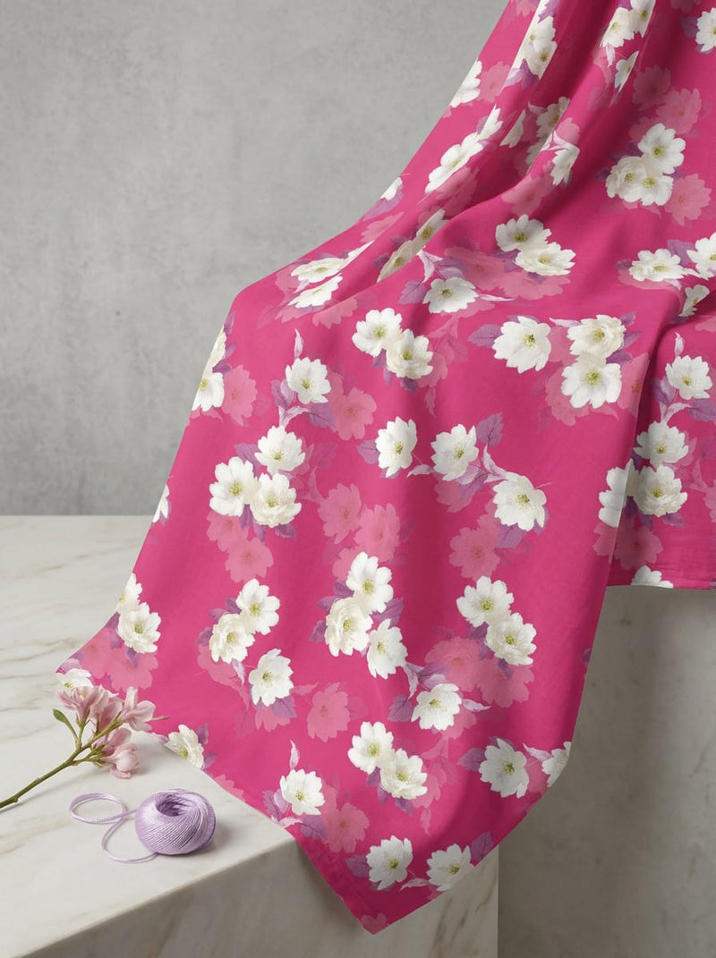 Pink Dainty White Blossom Floral Pure Cotton Digital Printed Fabric