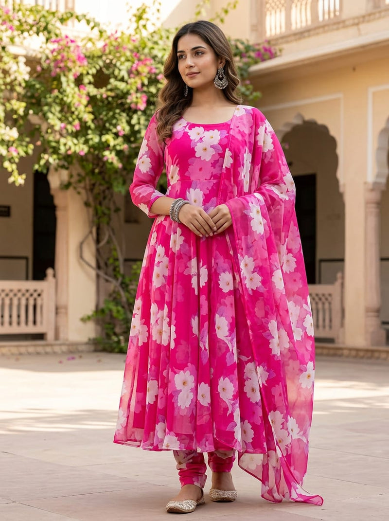 Pink Watercolor Blossom Floral Pure Georgette Digital Printed Fabric