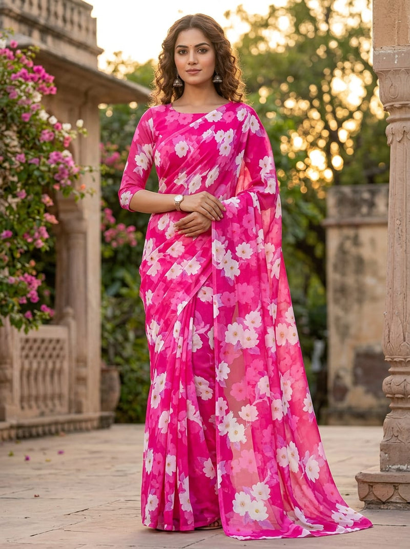 Pink Watercolor Blossom Floral Pure Georgette Digital Printed Fabric