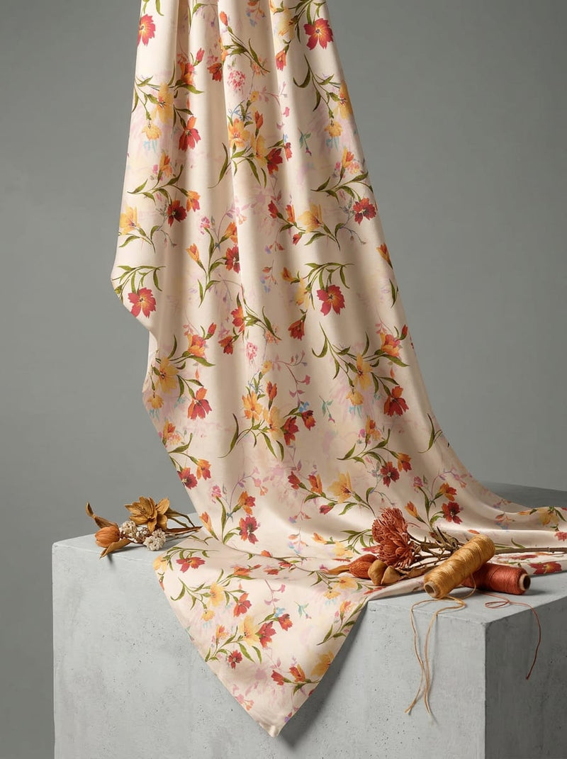 Cream Dainty Floral Vine Japan Satin Digital Printed Fabric
