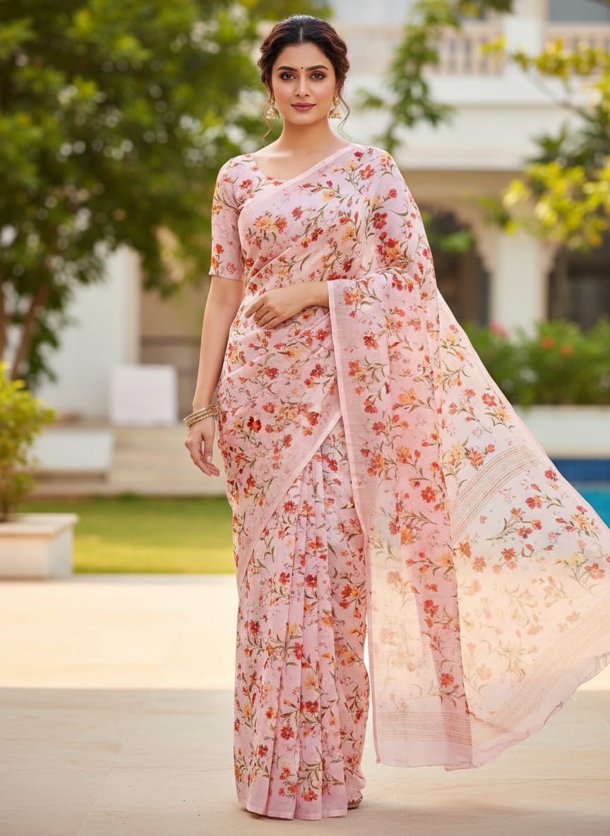Beautiful Peach Calico Flowed Digital Printed Fabric - Kora Silk