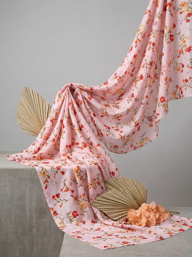Pink Dainty Red and Yellow Floral Vine Kora Silk Digital Printed Fabric