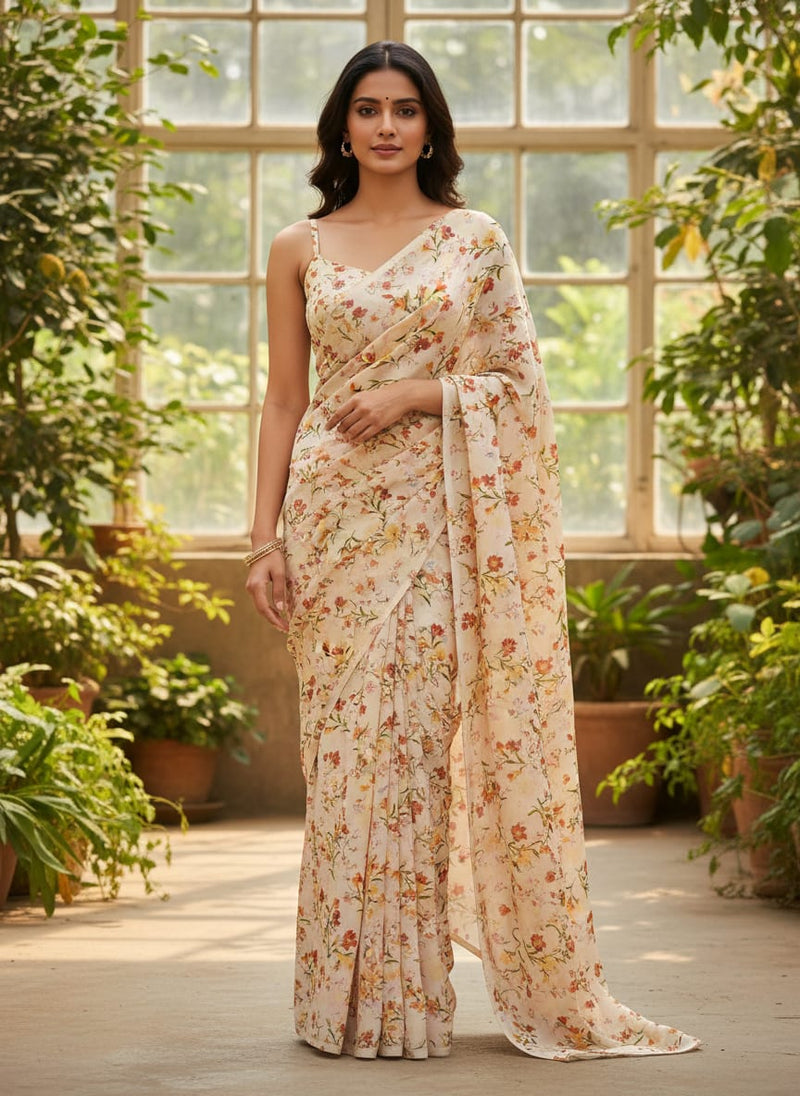 Beautiful Peach Calico Flowed Digital Printed Fabric - Silk Crepe