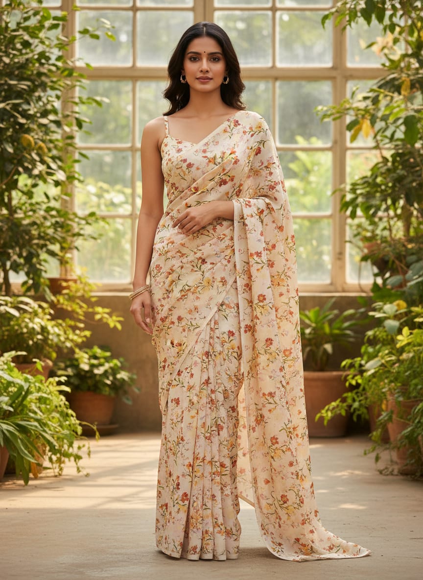 Beautiful Peach Calico Flowed Digital Printed Fabric - Silk Crepe