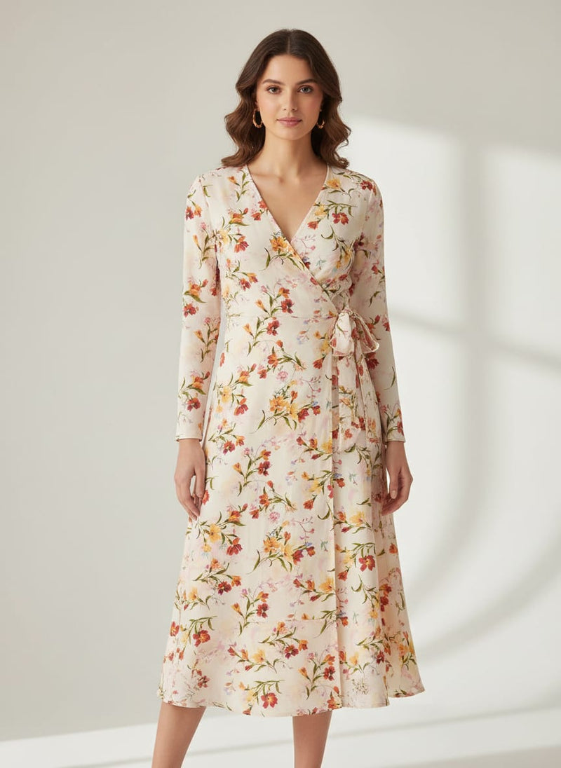 Beautiful Peach Calico Flowed Digital Printed Fabric - Silk Crepe