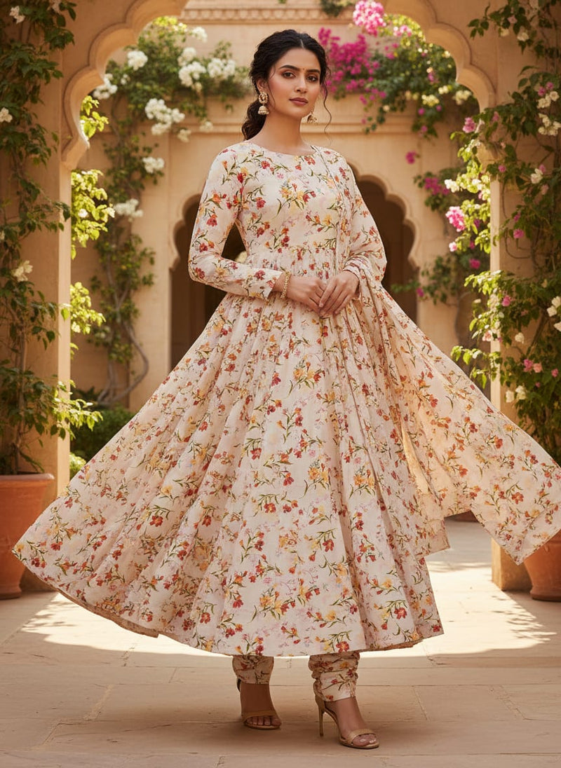 Beautiful Peach Calico Flowed Digital Printed Fabric - Silk Crepe