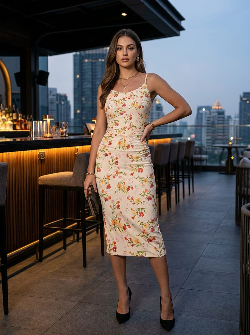 Cream Dainty Floral Vine Print Silk Crepe Digital Printed Fabric