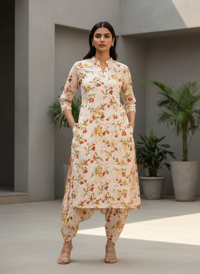Beautiful Peach Calico Flowed Digital Printed Fabric - Cotton
