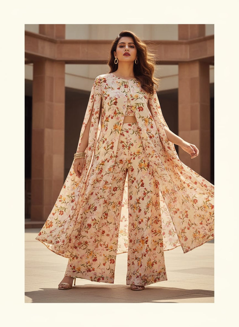 Beautiful Peach Calico Flowed Digital Printed Fabric - Pure Georgette